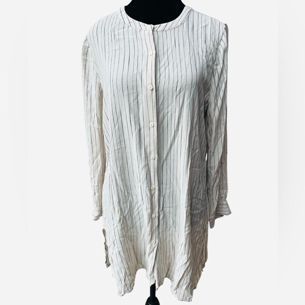 Eileen Fisher Silk Pinstripe Stripe Tunic Medium Cream Mandarin Collar Side Slit